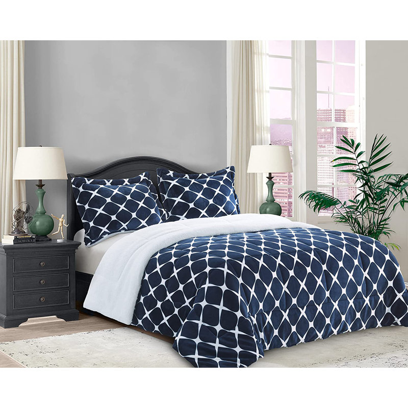 Mocassi Bloom Sherpa Geometric Shapes Comforter, California King Comforter + 2 King Shams, Navy