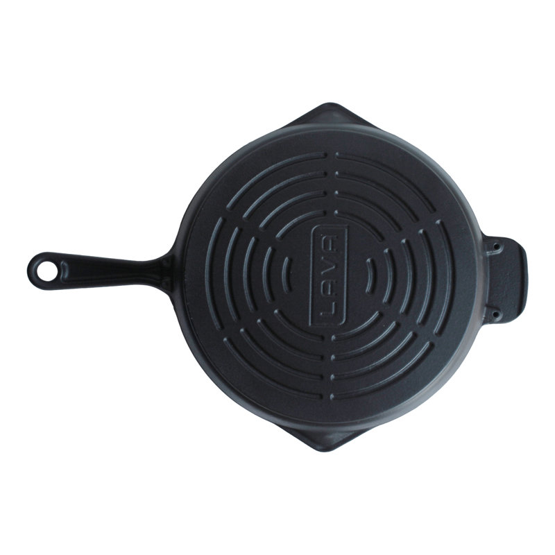 Lava Enameled Cast Iron Grill Pan 11 inch-Radial Pattern Pan with Pour Spouts Round Black