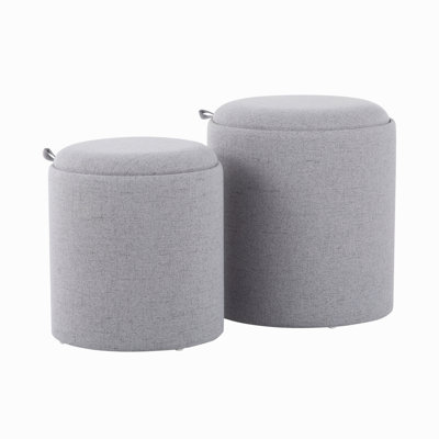 Contemporary Nesting Ottoman Set In Grey Fabric And Natural Wood
