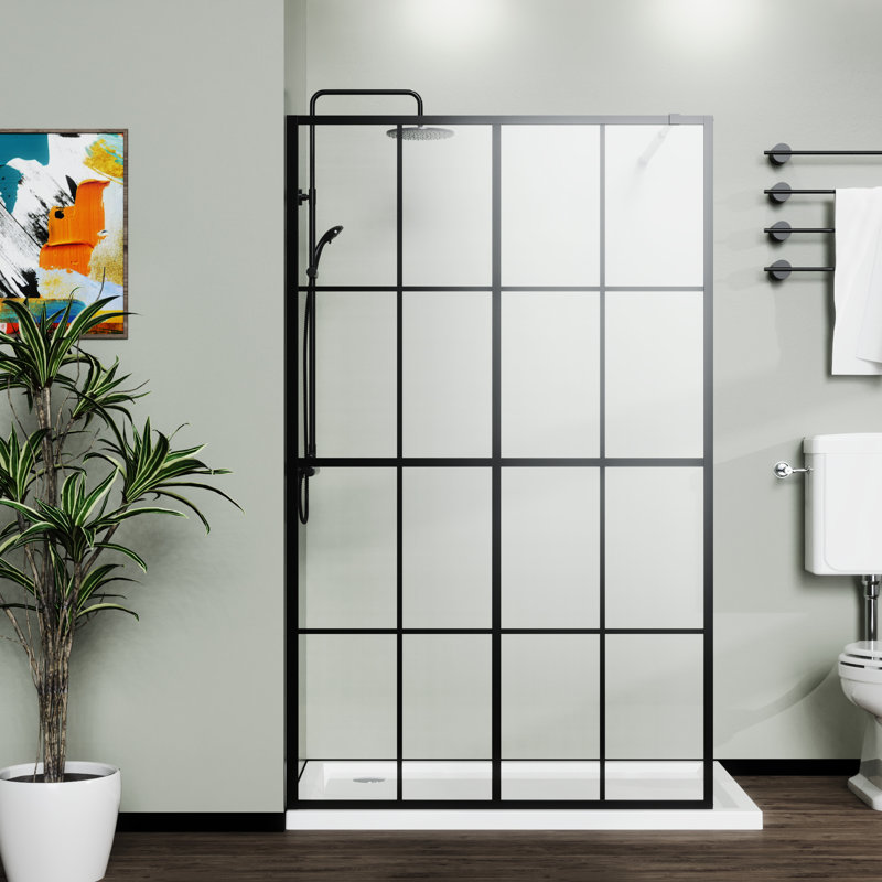 46" X 72" Black Shower Screen For Walk-In - Tempered Glass, Firm Installation Frame Glass With Movable Bar