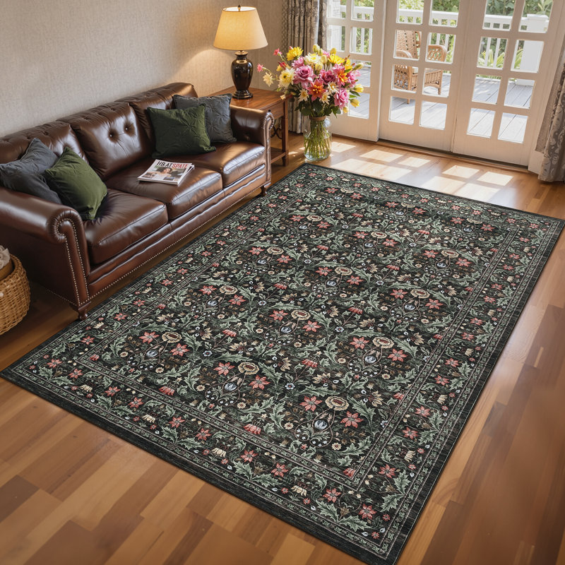 Vintage Floral Runner Rug, 8' x 10', Washable Polyester with Non-Slip Backing for Entryway, Kitchen or Bedroom, Brown, Brown