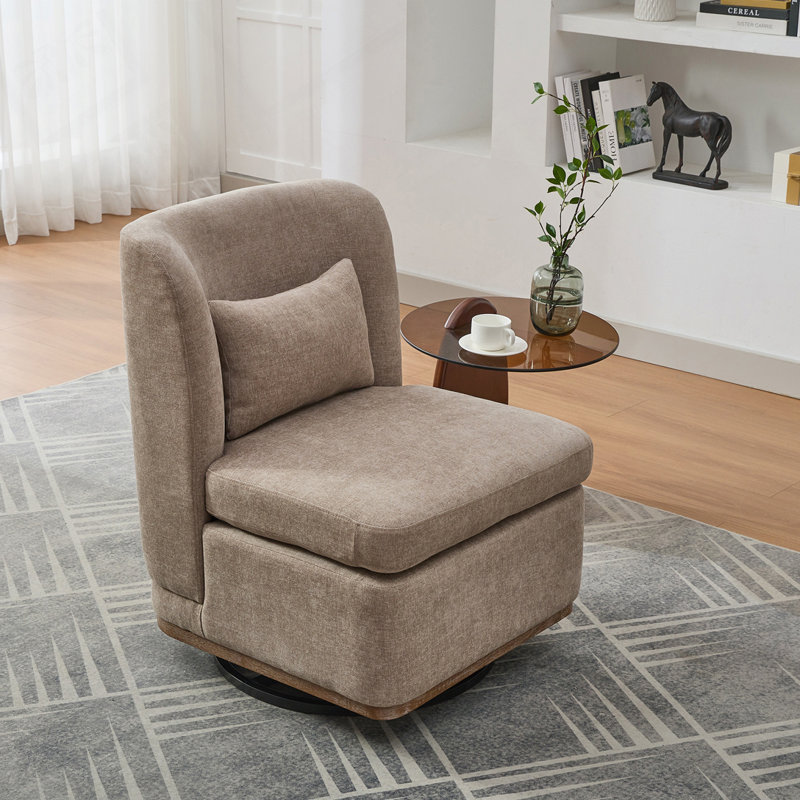 25.2"W Chenille 360°Swivel ArmlessChair with Pillow,Metal Base, Taupe Chenille