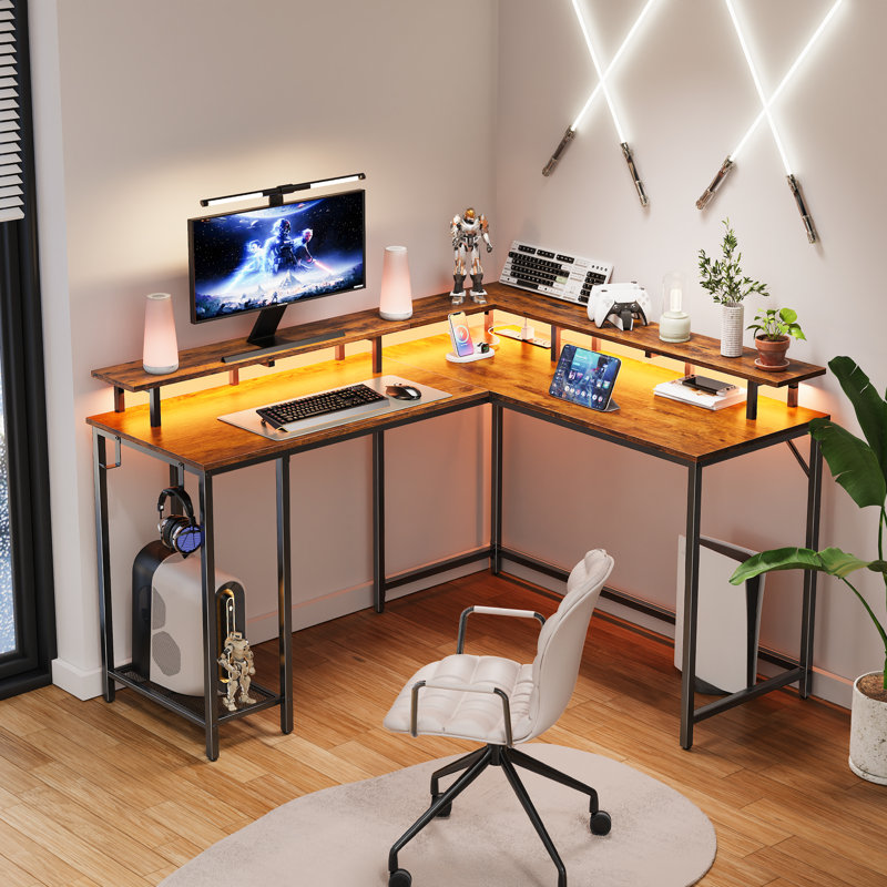 Kamai 54" L Shaped Computer Desk for Home Office Gaming Desk with LED Built-in Outlets with Storage Shelf, Rustic Brown/Black