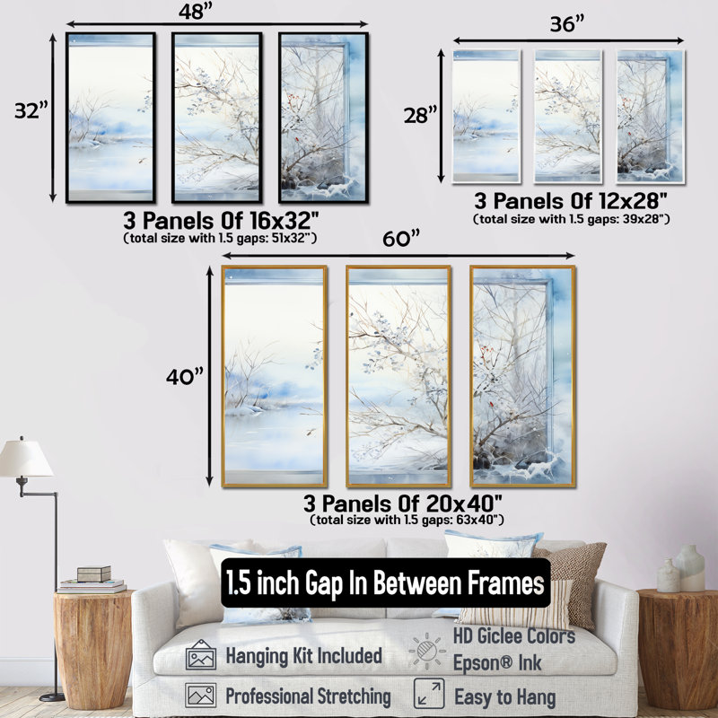 «Frosty Scenic Winter Landscape I», art mural paysage d'hiver, H 28 po x l 36 po x P 1 po, Cadre flottant brun