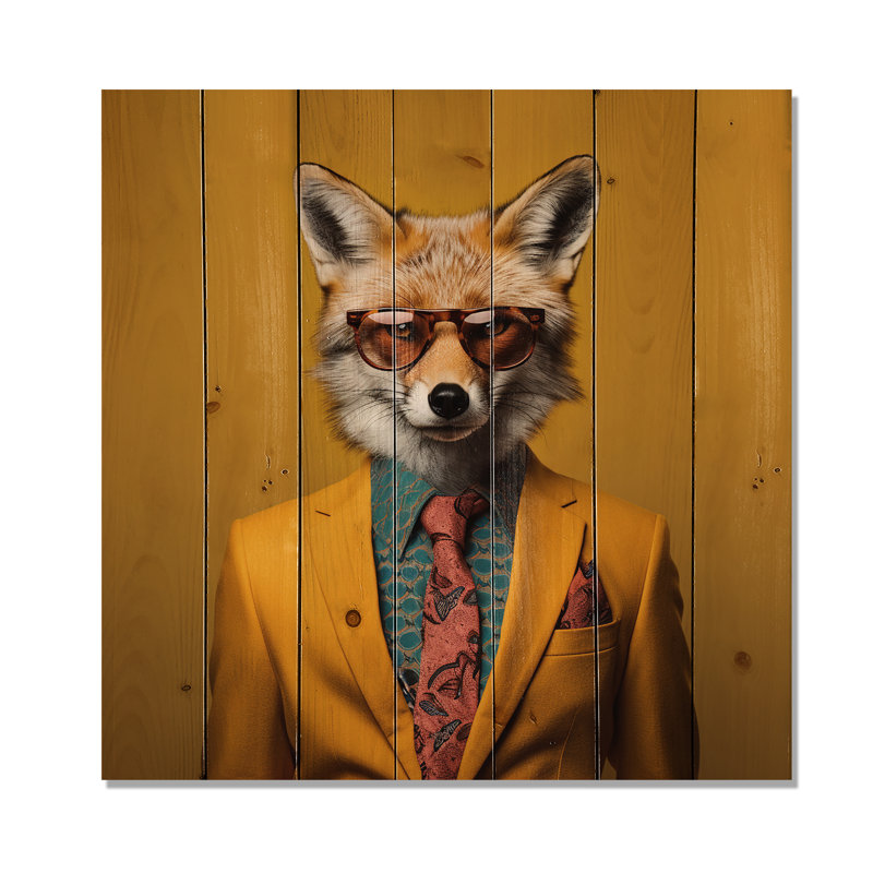 Yellow And Orange Suited Up Fox Fashion II - Fox Animal On Wood Print, 15" H x 15" W