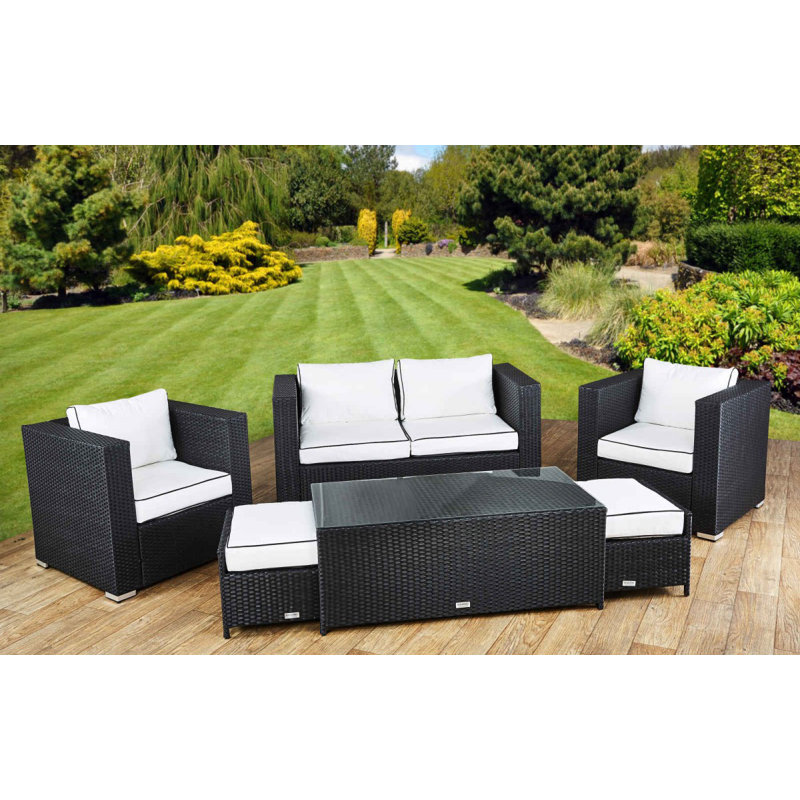 Savannah 6 Seater Rattan Sofa Set with Cushions, Black/Vanilla