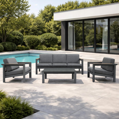 5-Seater Outdoor Lounge Set with Ceramic Glass Coffee Table – Aluminium, Teak Armrests, 12 cm Olefin Cushions