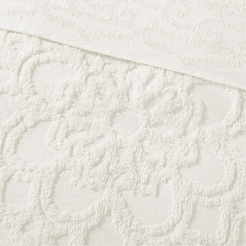 Ensemble de couvre-lit touffeté en coton et chenille, Couvre-lit très grand californien + 2 taies déco, Blanc cassé