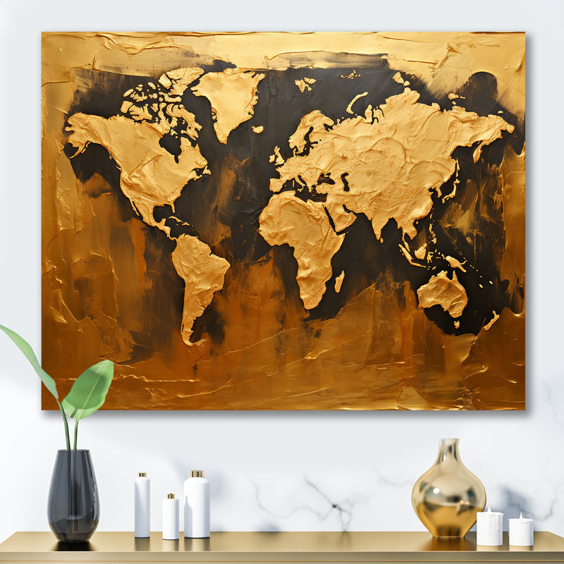 Carte du monde noire et dorée, impression sur toile, Toile tendue, H 30 po x l 40 po x P 1,5 po