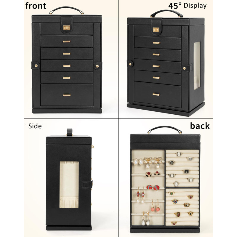 Jewellery Box 6-Tier Organizer Functional 360° Rotating Jewellery Storage Case, Black