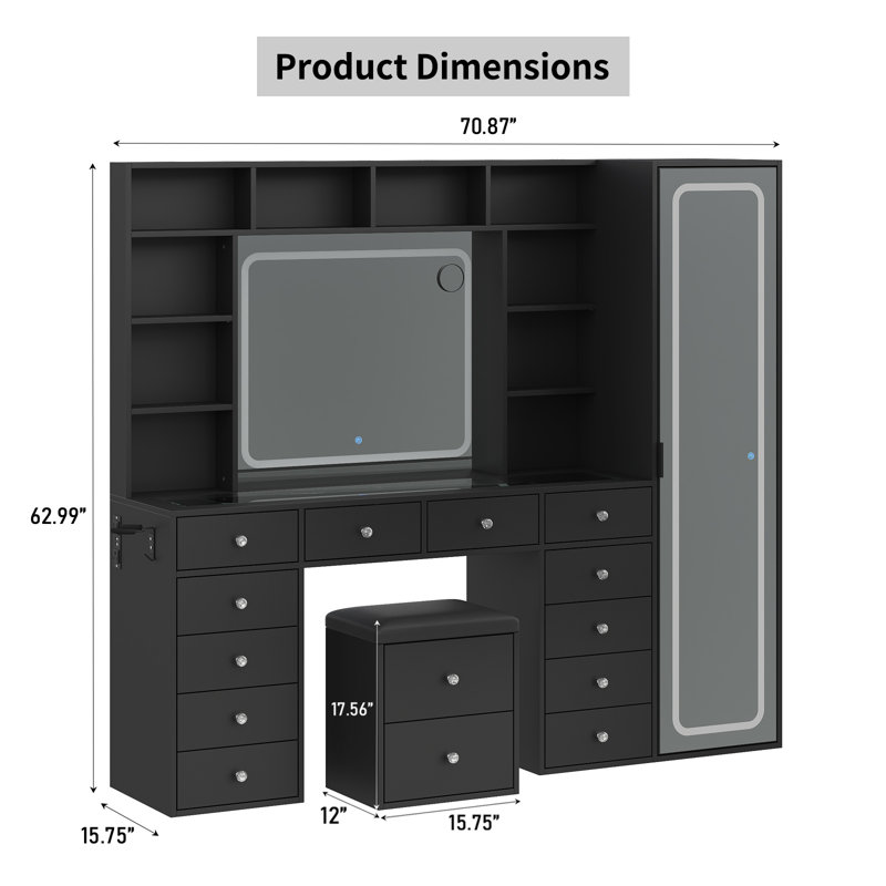 Miroir de bureau pleine longueur et miroir à DEL avec prise de courant, 12 tiroirs de maquillage et 10 tablettes de rangement ouvertes, capacité de rangement cachée, coiffeuse à intensité variable et 3 couleurs pour la chambre à coucher