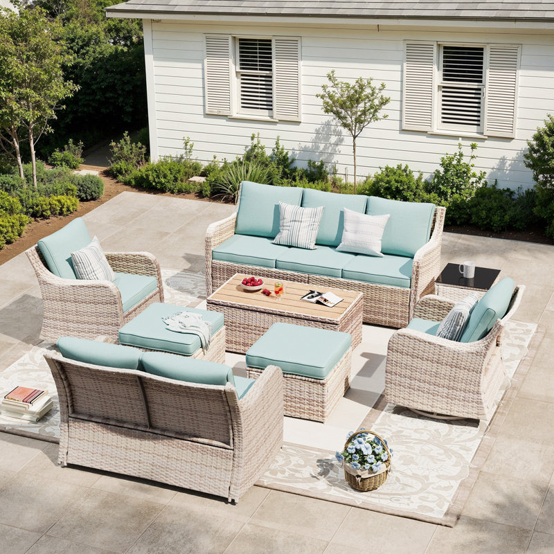 8 Pieces Patio Furniture Set, Patio Conversation Set With Swivel Rocking Chairs, Outdoor Wicker Sofa Couch With Waterproof Cushions For Lawn Backyard Porch