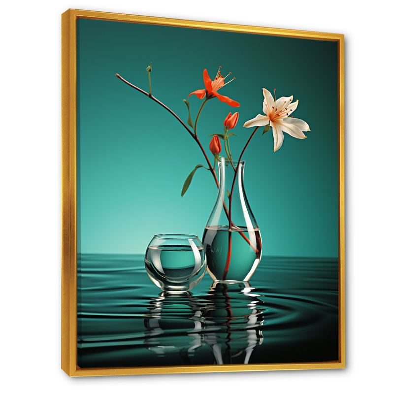 Vase de fleurs turquoise - impression, Cadre flottant doré, H 20 po x l 12 po x P 1 po