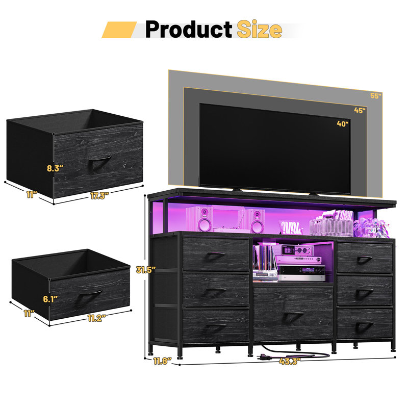55" TV Stand & Dresser with 7  Fabric Drawers, LED Lights & Power Outlets, Black