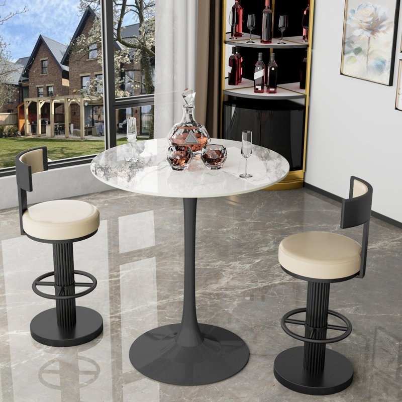 Cleofus Round Metal Base Dining Table, Black, Emerald White, 39.37" H x 29.92" L x 29.92" W