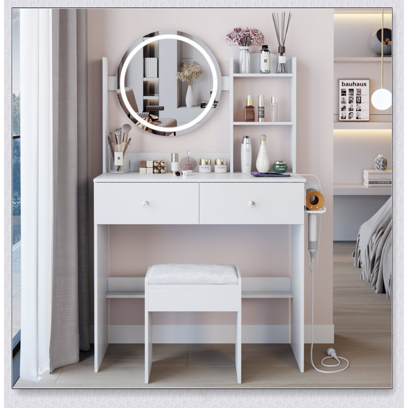 17 Inch Round LED Mirror Vanity Table With Cushioned Stool, Equipped With Power Sockets, Adjustable Brightness, And Multi-Layer Storage