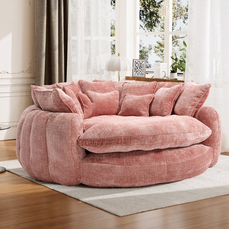 Très grand canapé à billes à compression - grande causeuse ronde avec coussins, Chenille rose