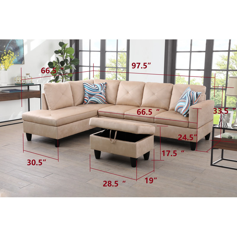 980-SCO-MICROFIBER 97.5" Wide Microfiber Sofa & Chaise with Ottoman, Beige Microfiber, Left Hand Facing