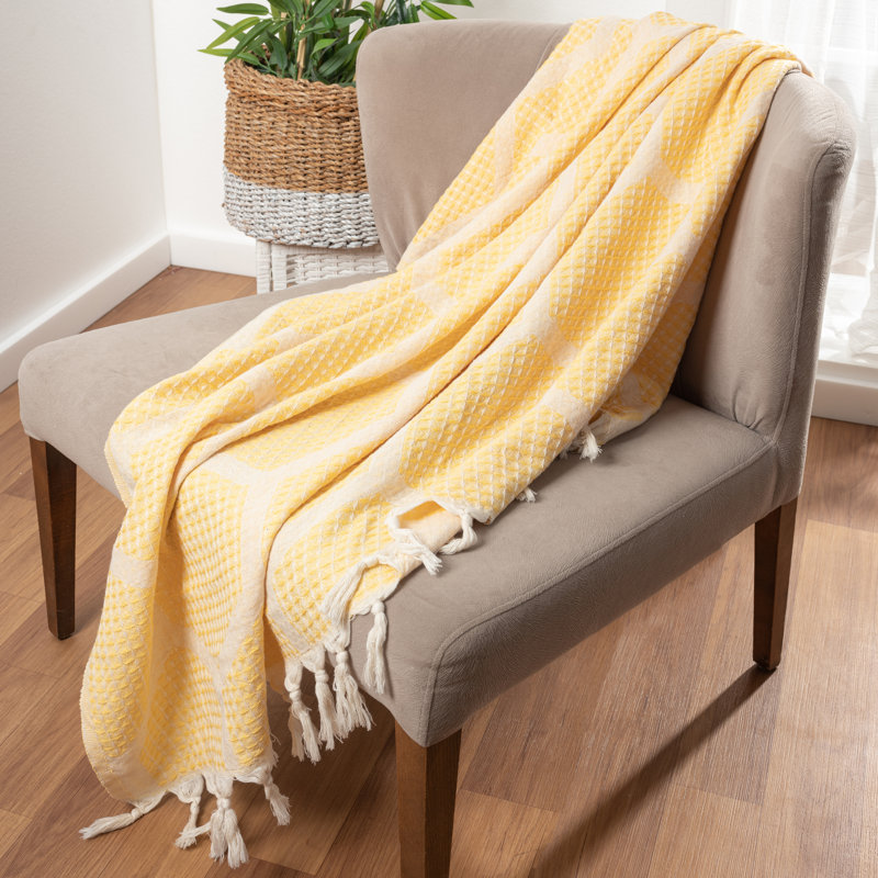 Yellow Honeycomb Pattern Turkish Cotton Throw Blanket with Tassels
