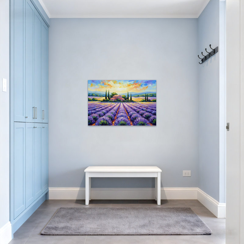 Landscape & Nature Lavender Fields Sunset Cottage Landscape Painting, 12" H x 18" W