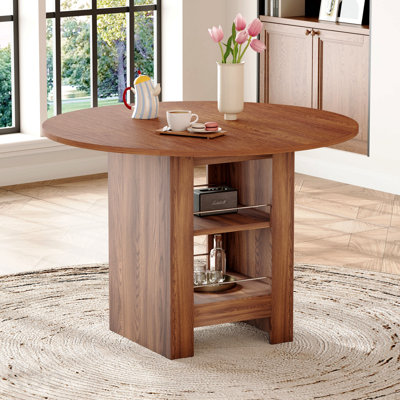 Table de salle à manger ronde en noyer de 42 po en MDF: hauteur de 30 po, avec tablettes de rangement à double couche, structure stable et tapis antidérapants, parfaite pour les cuisines américaines, les salles à manger et les appartements.