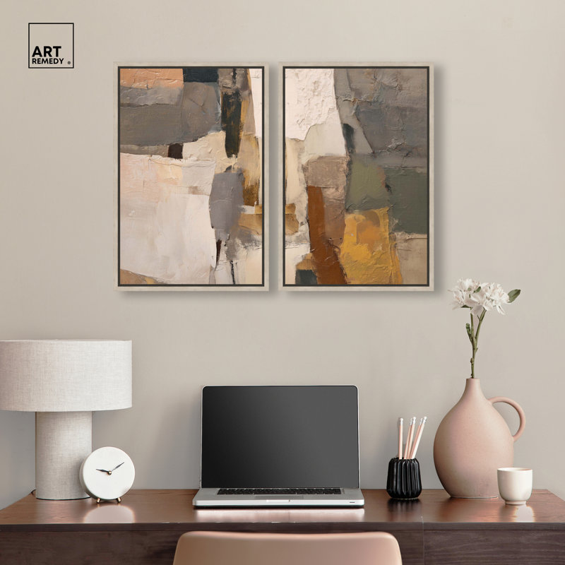 «Natural Patchwork Plains Duo», ensemble de décorations murales Boho par Art Remedy, cadre en chêne naturel, 16 x 24
