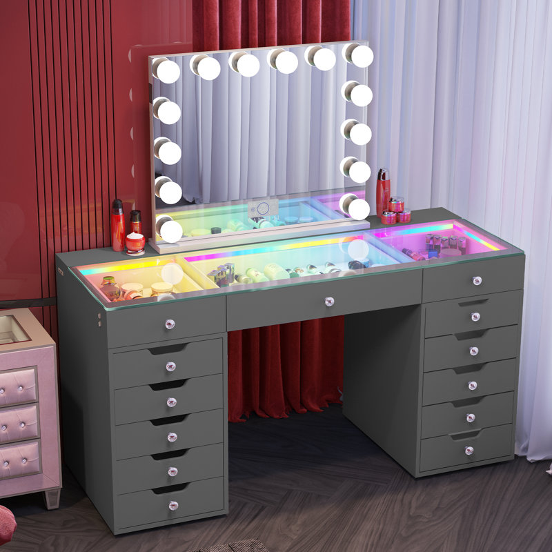 Makeup Vanity Set with LED Lighted Mirror HD Glass Top Built-in LED Light RGB Strips Large 13 Drawers, White