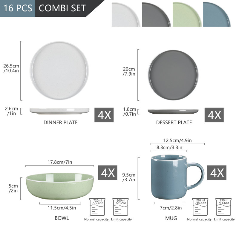 Service de table 16 pièces en grès, service pour 4 16 pièces, Nuage / océan / gris / menthe