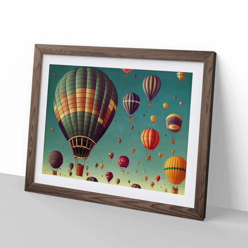 Retro Hot Air Balloons - Single Picture Frame Painting, 46cm H x 64cm W x 2cm D, Walnut Framed