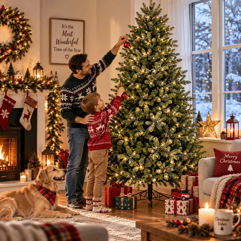 Pre-Lit Artificial Christmas Tree Hinged, 7FT/210cm