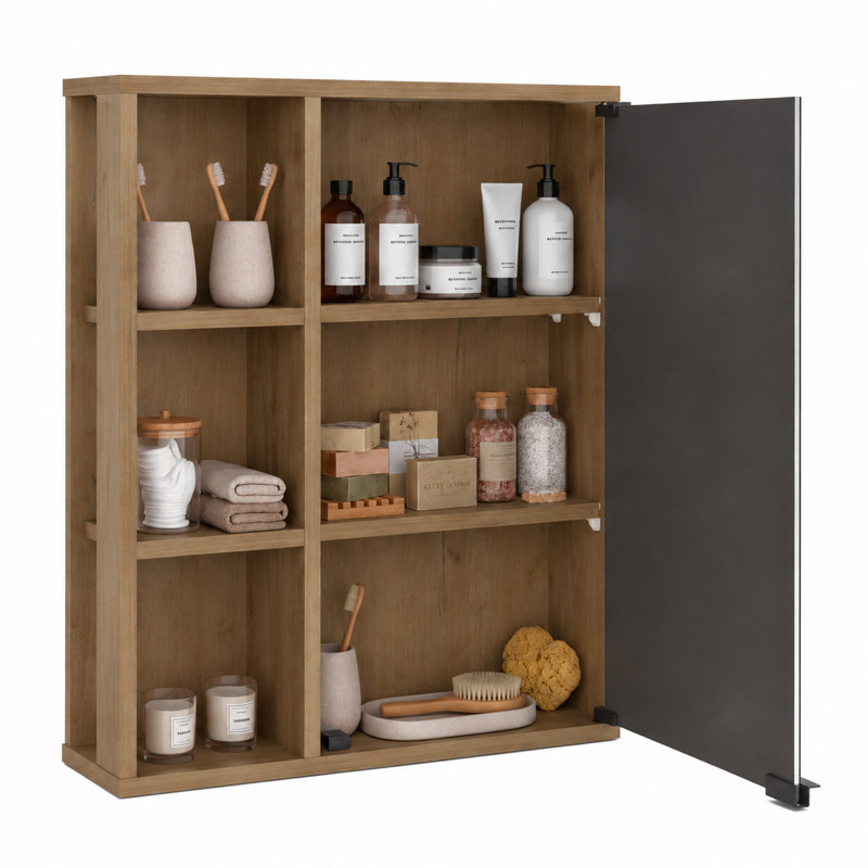Armoire de salle de bain avec miroir Tonsina - Armoire à pharmacie avec 6 tablettes ouvertes et porte coulissante en miroir - Salle de bain
