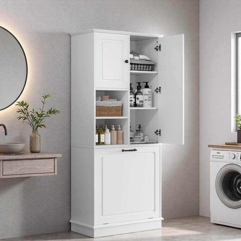 Tall Bathroom Storage Cabinet With Adjustable Shelves, Large Flip-out Basket And Enclosed Cabinets, White