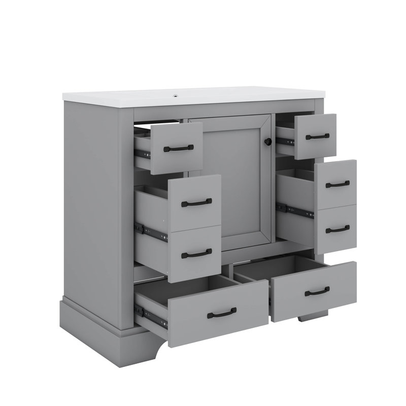 Ensemble de meuble-lavabo 36 po avec lavabo 36 po, six tiroirs, séparateur de tiroir polyvalent, Gris