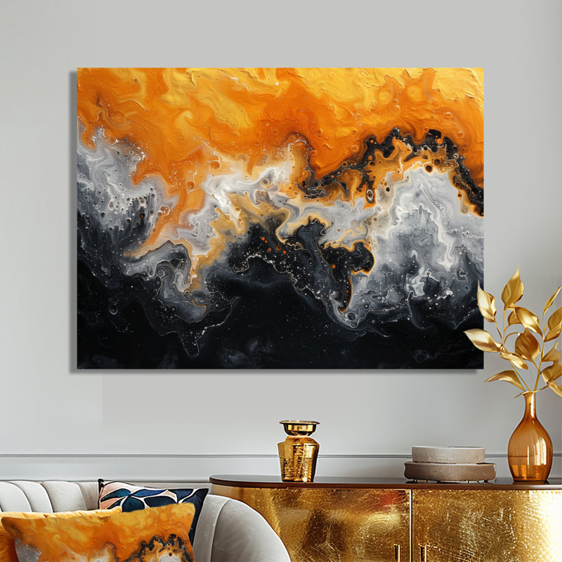 Orange orange abstrait noir liquide rivière I - encre liquide abstrait, Toile tendue, H 16 po x l 32 po