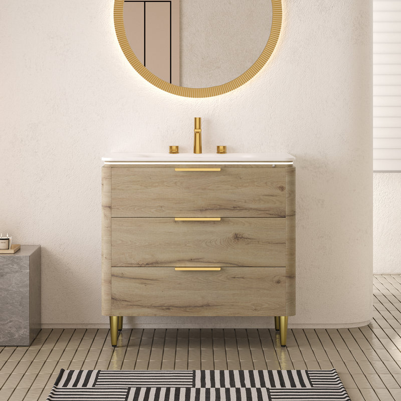 Meuble-lavabo moderne avec lavabo, contreplaqué durable et pierre frittée, grand espace de rangement
