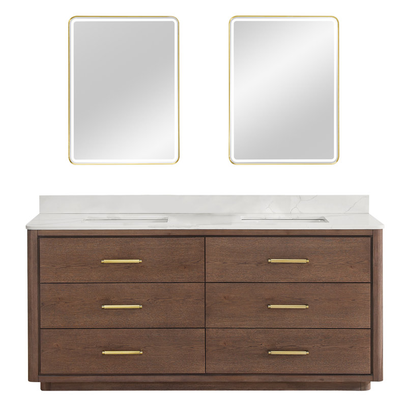 Porto 72'' Free Standing Double Bathroom Vanity with Quartz Top, Dark Brown Oak, Gold