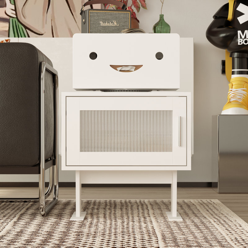 Modern Robot-Style End Table With 360-Degree Rotating Head | High-Quality MDF Construction & Transparent Vertical Stripe Glass Doors | Compact Storage & Contemporary Design For Small Spaces