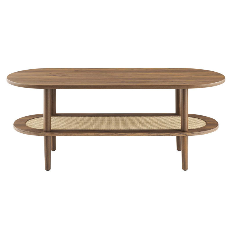 Modway Torus Oval Coffee Table with Rattan Shelf, Walnut
