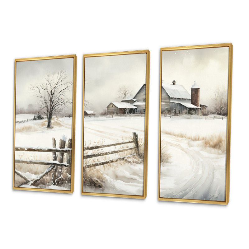 «Ohio Farm In Winter», ensemble d'art mural sur toile, Encadrement doré, H 32 po x l 48 po x P 1 po