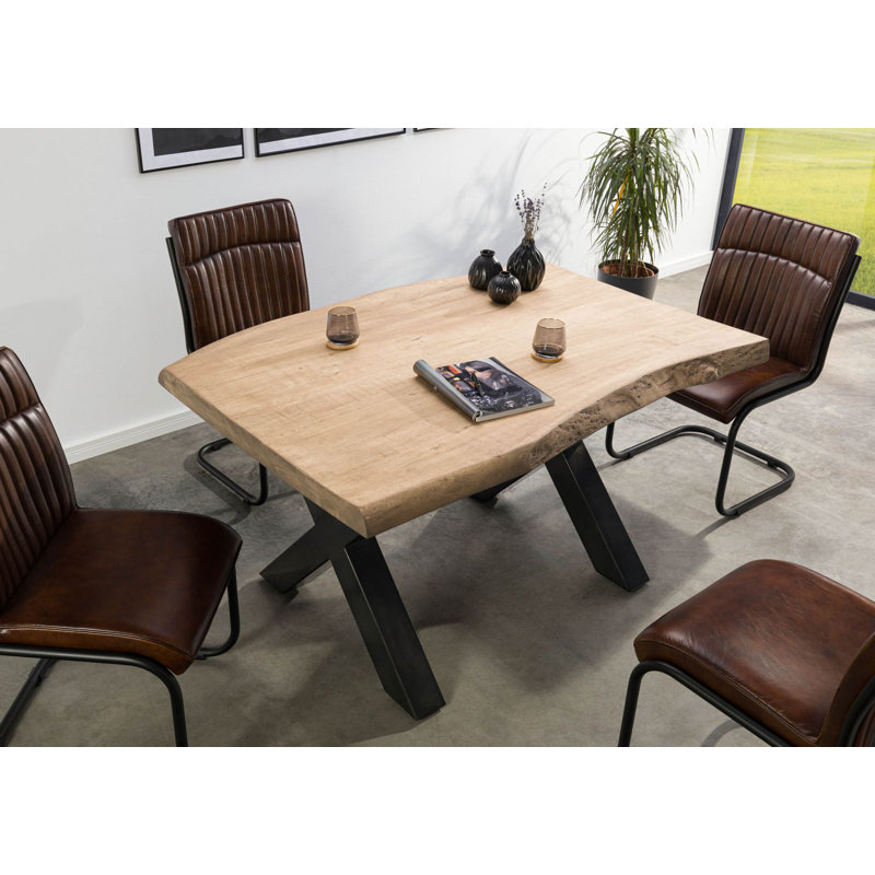 Solid Wood Top Metal Base Dining Table, Beige, Anthracite, 77 cm H x 140 cm L x 90 cm D