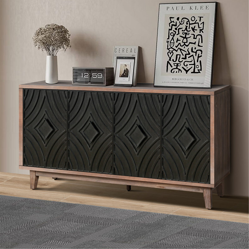 Buffet de style Mid-Century avec pieds en bois massif, crédence de 60 po avec 4 portes à losanges et 2 tablettes décoratives pour le salon, etc.