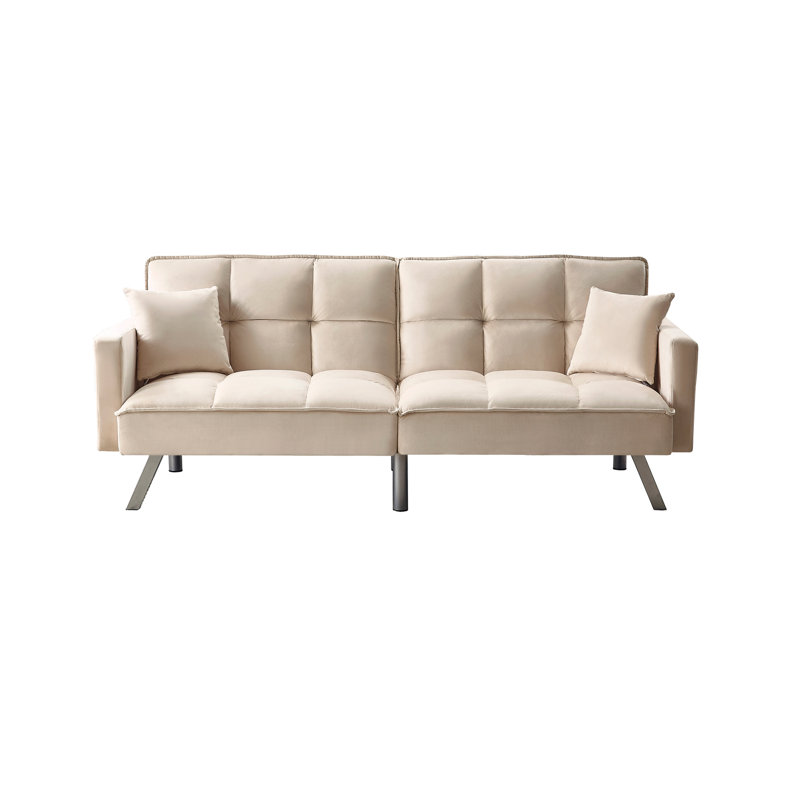 80'' Convertible Velvet Sofabed Sleeper Futon With 2 Pillows, Beige Brushed Velvet