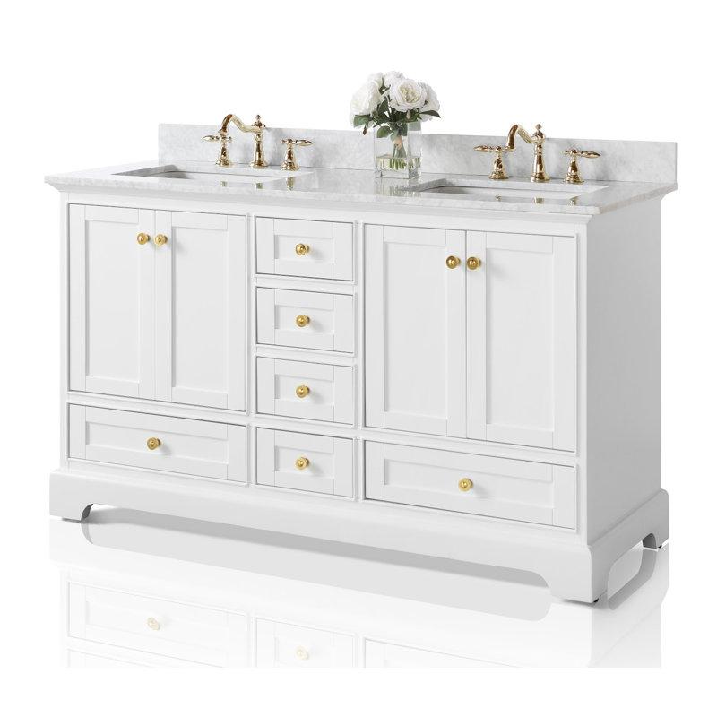 Audrey 60'' W Double Vanity, White, Carrara White, Gold