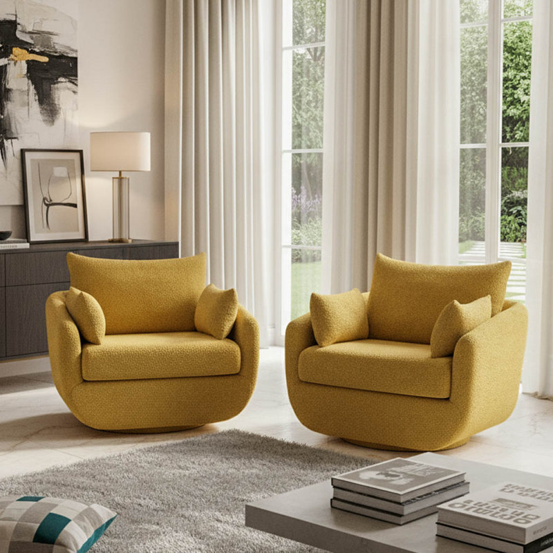 Boucle Swivel Armchairs Set Of 2, Modern Deep Seating Lounge Chairs With Accent Pillows, Yellow