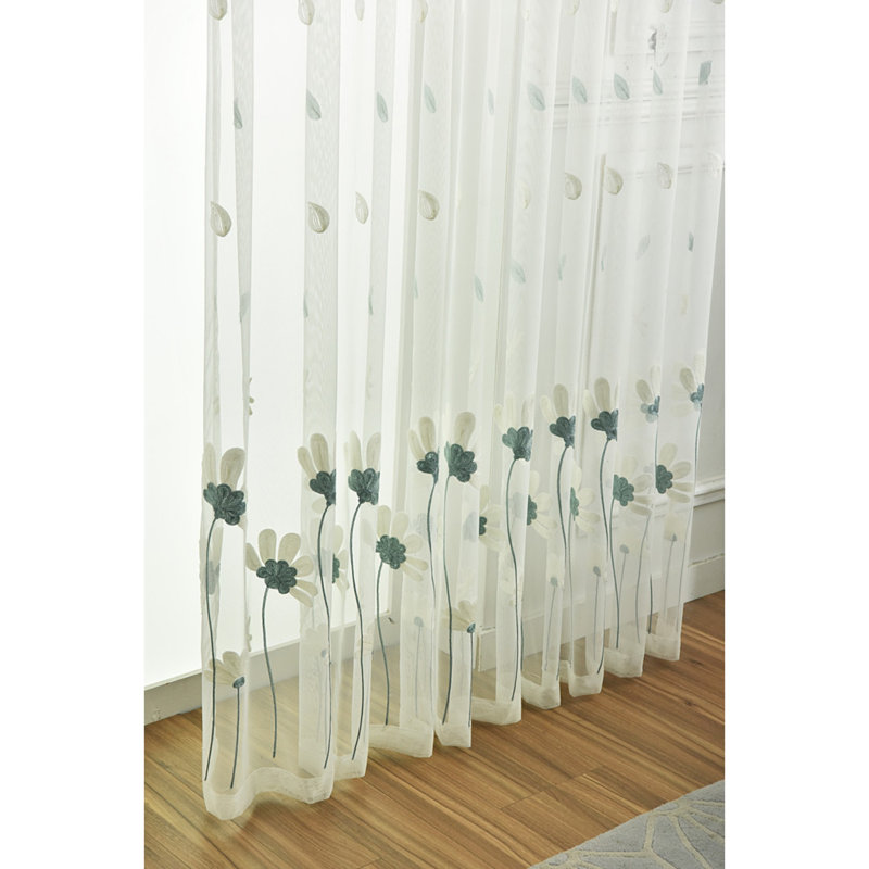 White Rod Pocket Sheer Curtain with Blue Floral Embroidery, Light Filtering Voile Drapes for Bedroom Living Room, 84