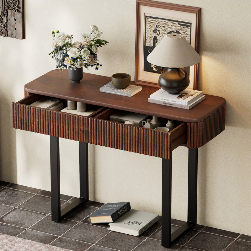 Solid Wood Entryway Table with Fluted Design, Retro Minimalist Console with Storage and Metal Legs, Honey
