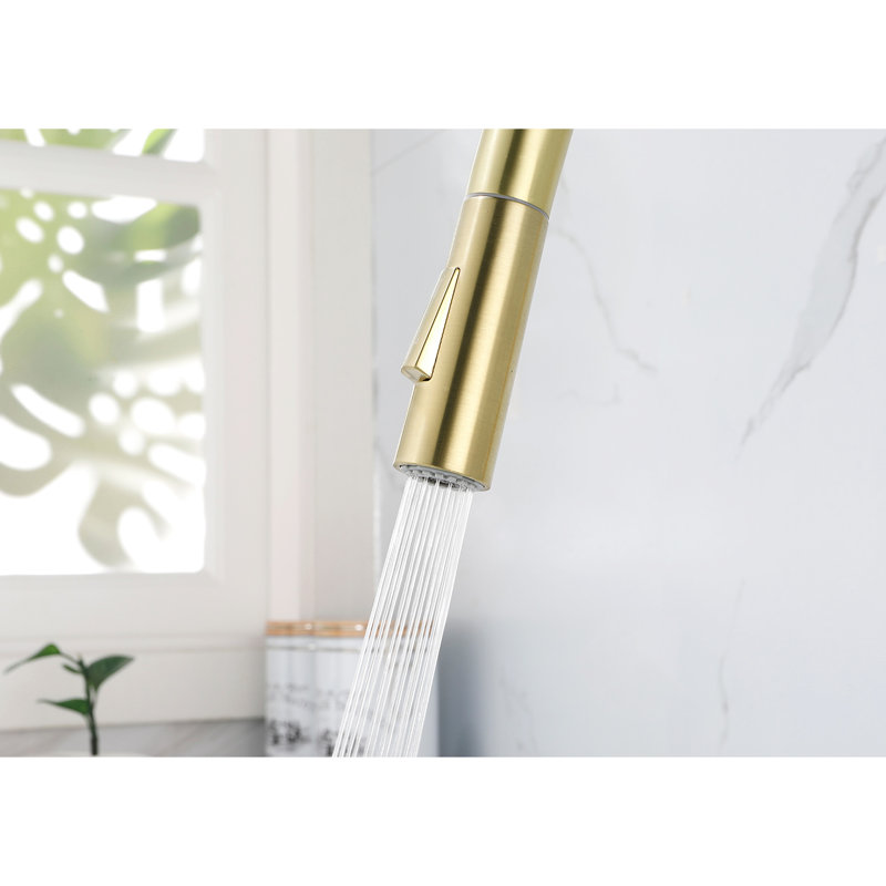 Stainless Steel Kitchen Faucet With Pull Down - Brushed Gold Finish, 360 High Arc Nozzle, Two Water Outputs, Single Handle For Temp & Flow, Corrosion/Rust, 15.63In Depth, 9.95In Width, 9.11In