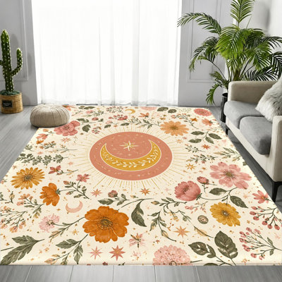 Tapis floral bohémien soleil lune, motif de fleurs jaune crème, tapis antidérapant lavable à la machine, décoration intérieure douillette pour le salon, la chambre à coucher, un appartement, un dortoir, une entrée, une cuisine, un balcon