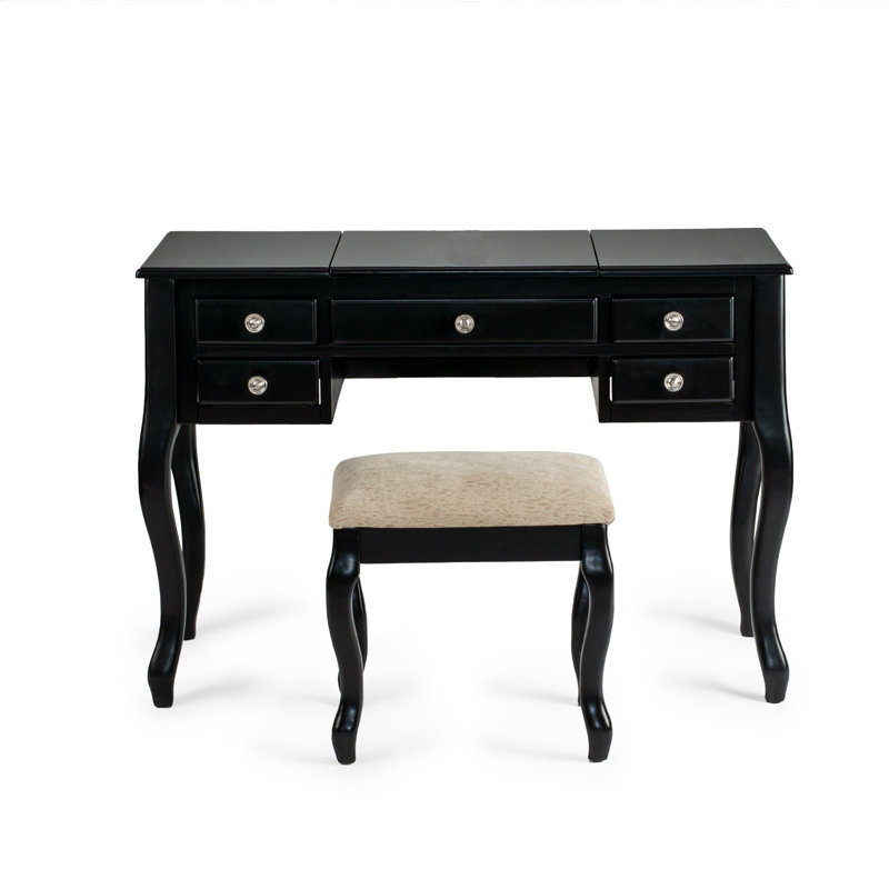 Daryel Vanity Set Featuring Stool and Flip-Up Mirror, Black
