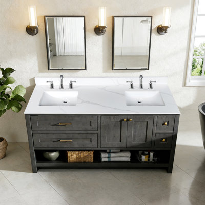 Comptoir de meuble-lavabo double 61 po en quartz, 2 lavabos sous-comptoir, dosseret de 4 po, trous de robinet pré-percés, teinture, idéal pour les salles de bain à circulation élevée, salle de bain à dessus blanc, centre unique High American